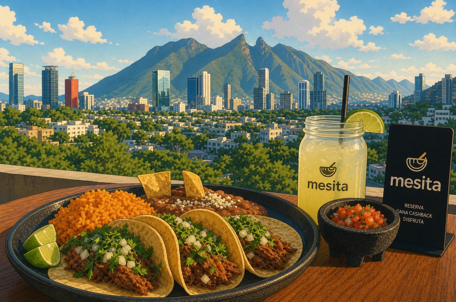 Tacos y una bebida de Mesita en una terraza con el skyline de Monterrey detrás